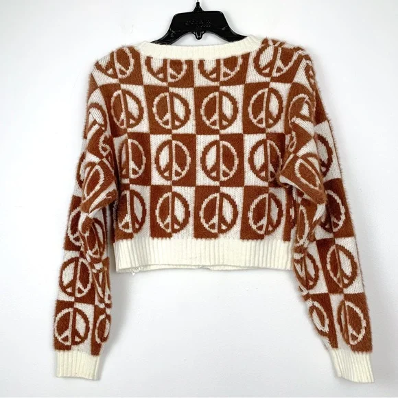 NEW peace sign cardigan by LA Hearts from Pacsun brown & cream very soft xs - Picture 4 of 11